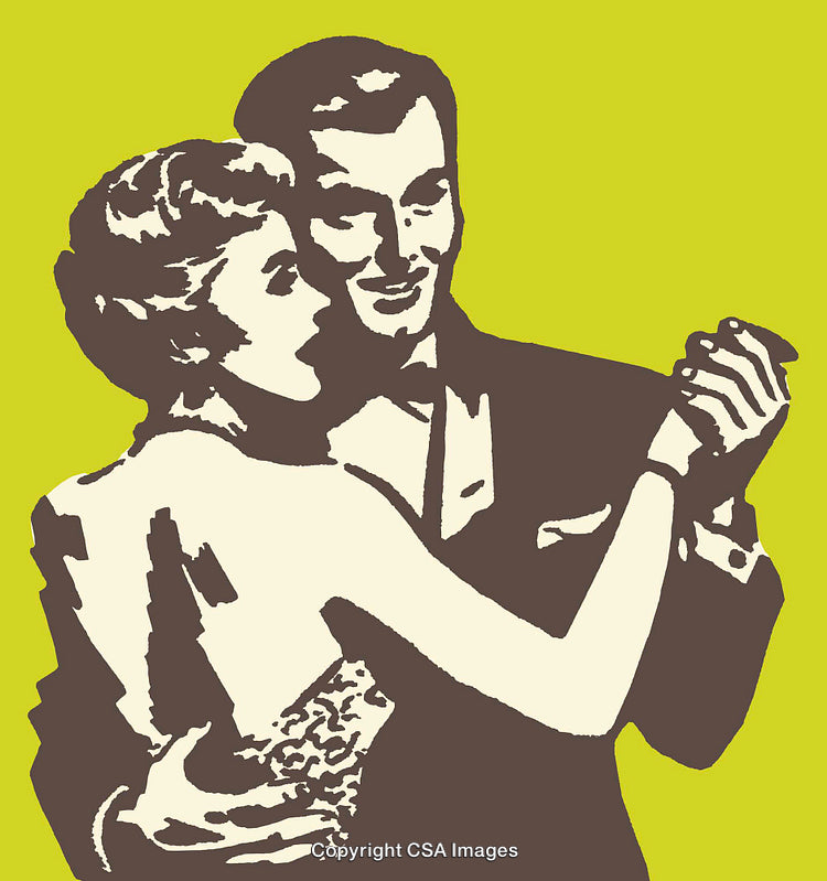 Elegant Couple in Formal Attire Dancing Together on Green Background