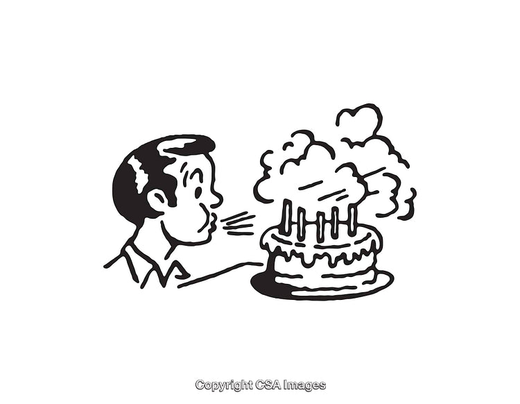 Black And White Line Art of a Person Blowing Out Birthday Candles