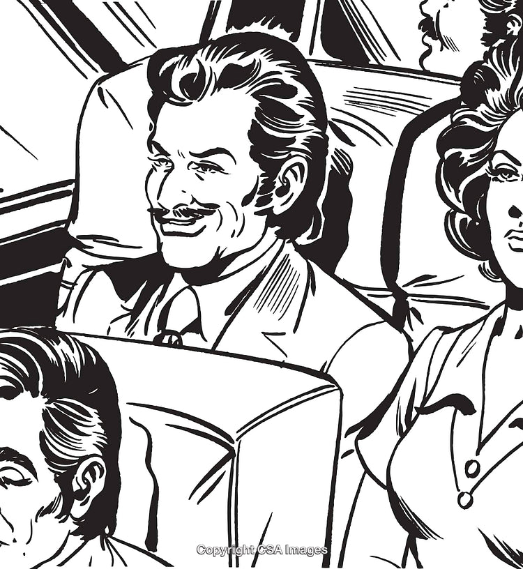 Retro Comic Style Illustration of People Sitting in a Vehicle Interior