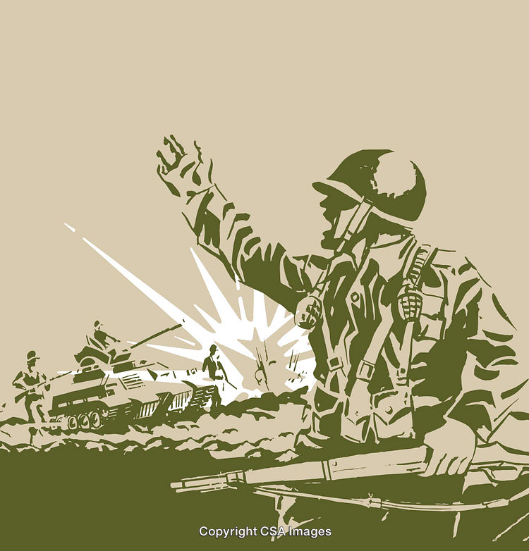 Retro Styled Military Illustration with Soldiers and Tanks in Action