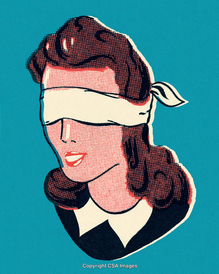 Retro Illustration of a Blindfolded Woman on Turquoise Background