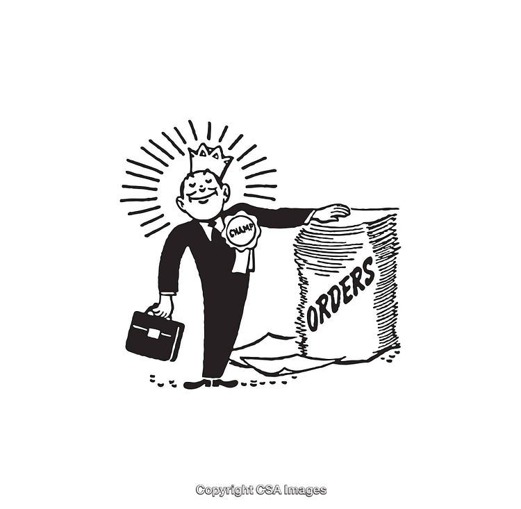 Retro Business Champion Standing Confidently by a Large Stack of Orders