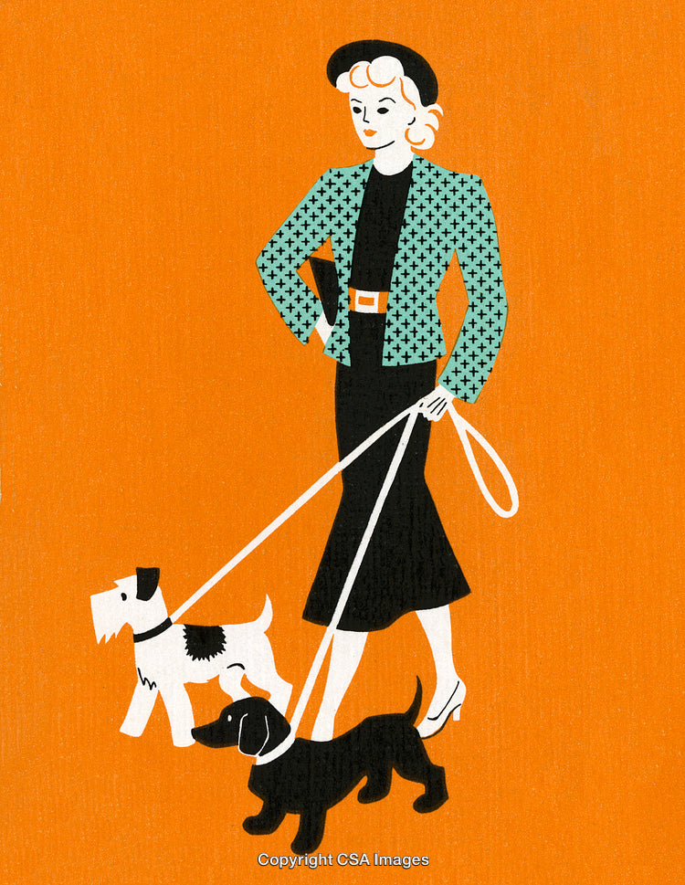 Stylized Illustration of Lady Walking Dogs Against an Orange Background
