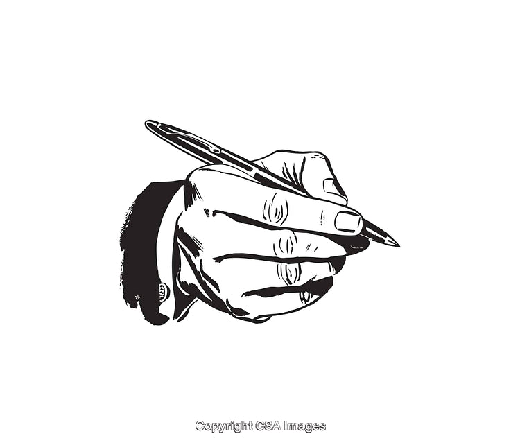 Black and White Illustration of a Hand Writing With a Pen