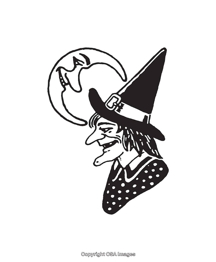 Black and White Illustration of Witch with Moon in Background