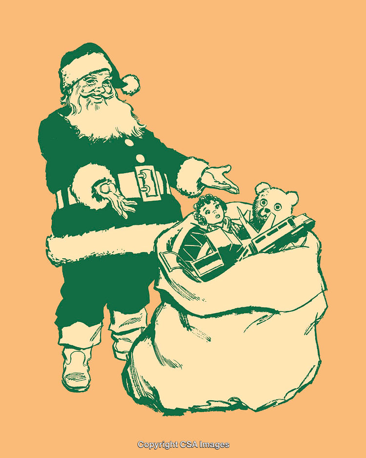 Vintage Illustration of Santa Claus with a Sack Full of Toys
