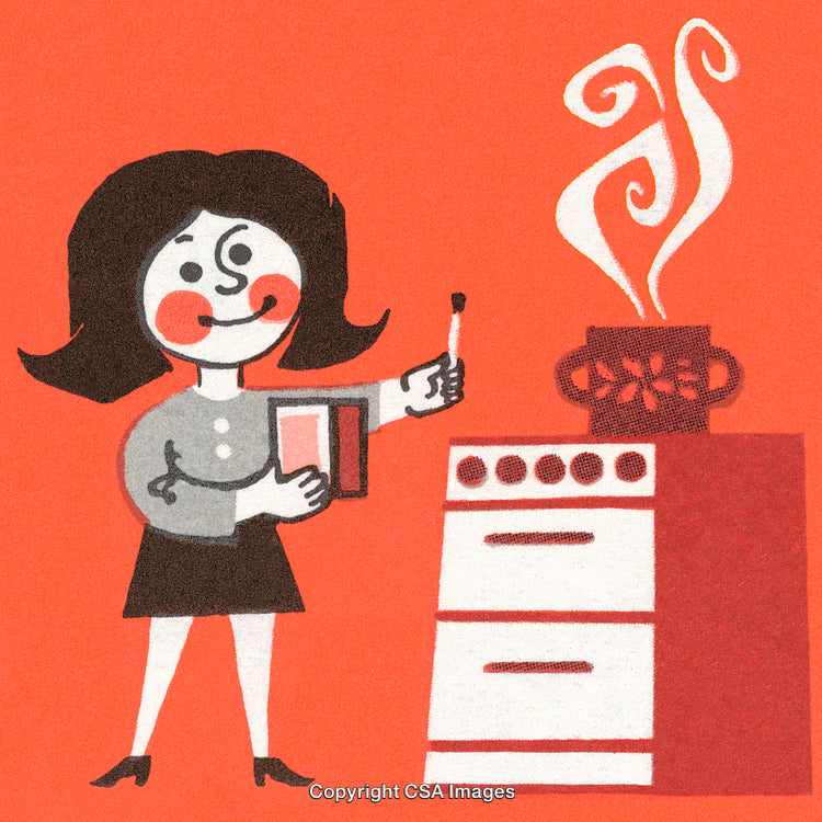 Retro Cartoon Woman Cooking on Stove With Cheerful Smile