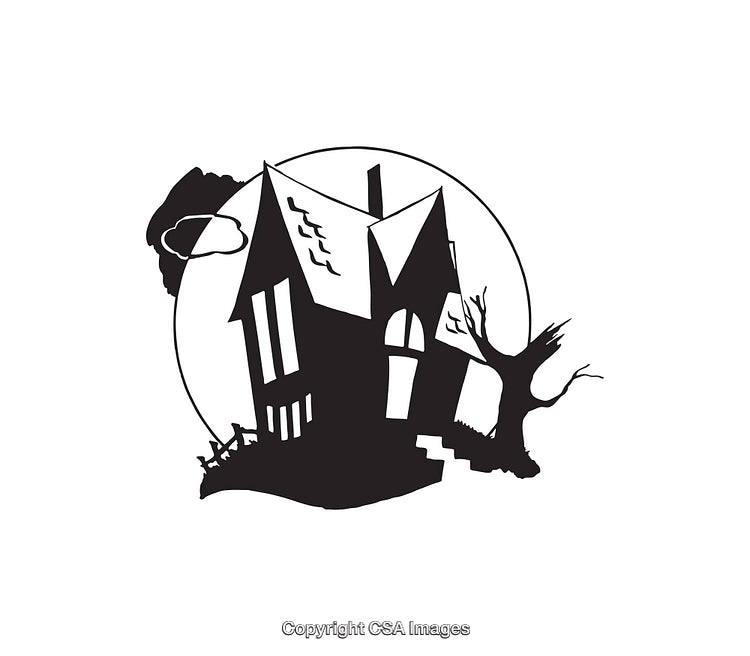 Black and White Line Art of a Haunted House at Night