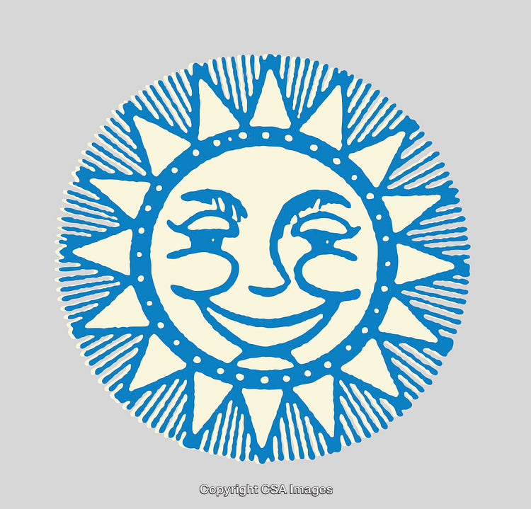 Detailed Blue and White Sun Face Illustration on Gray Background