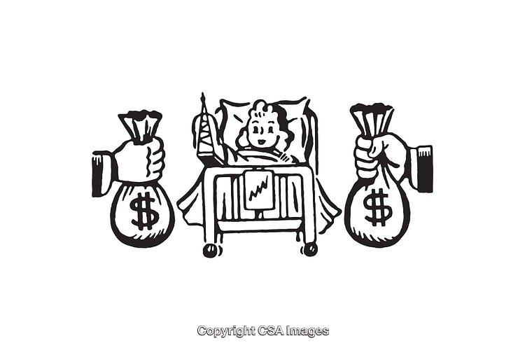 Black and White Illustration of Money and Healthcare Concern