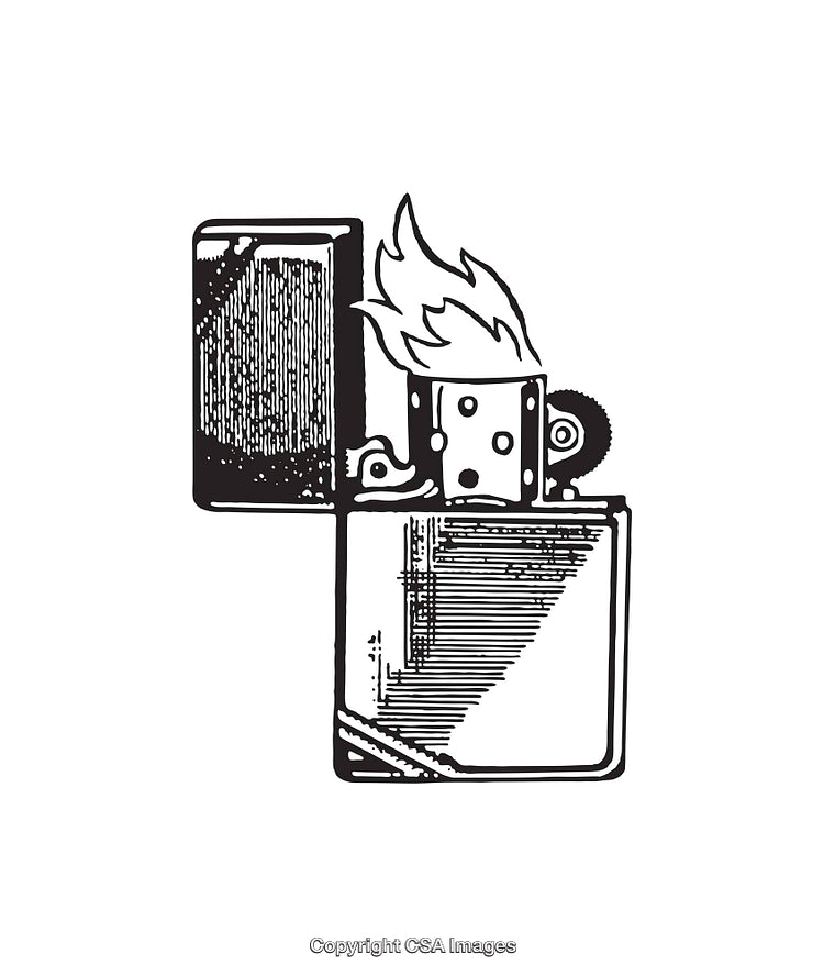Black and White Line Art Illustration of a Lighter with Flame