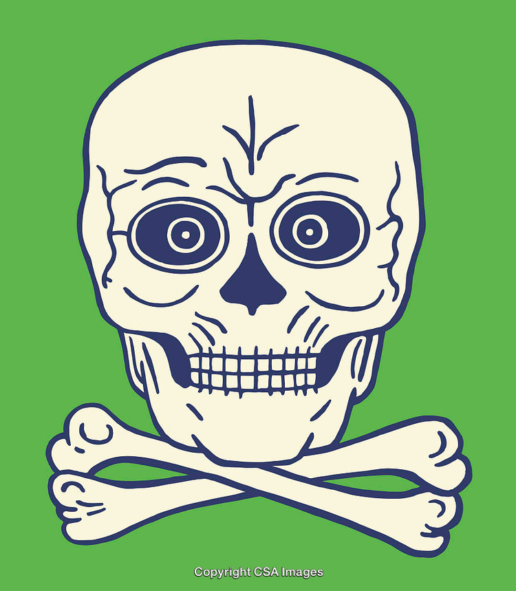 Illustrative Skull and Crossbones Design on Bright Green Background