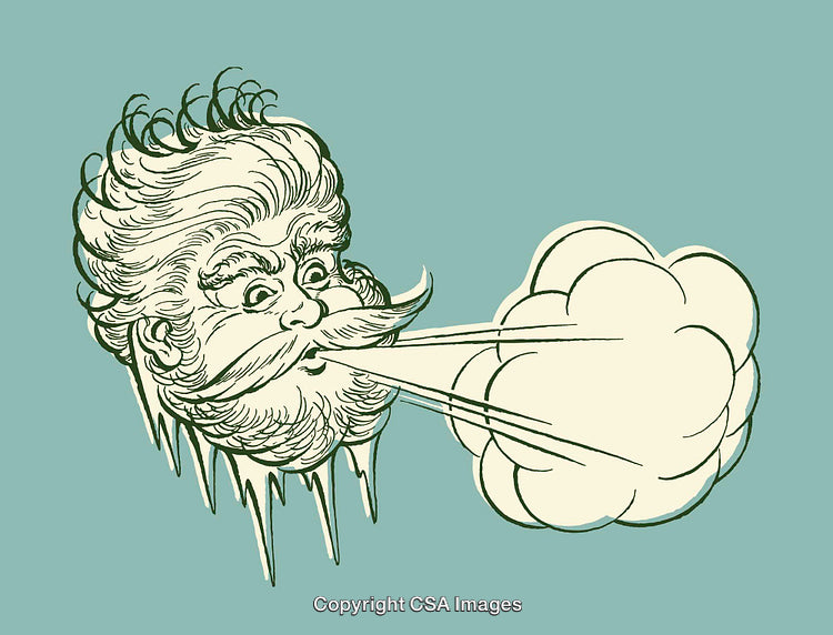 Vintage Illustration of a Winter Wind Spirit Blowing a Chill Breeze