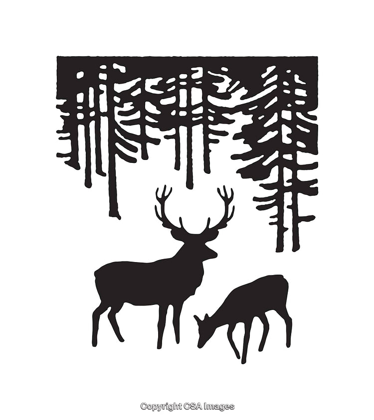 Silhouette of Deer Under Forest Trees in Black and White Illustration