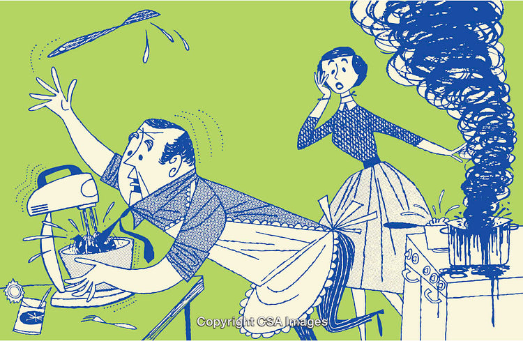 Humorous Scene of Kitchen Chaos With Cooking Disaster in Progress