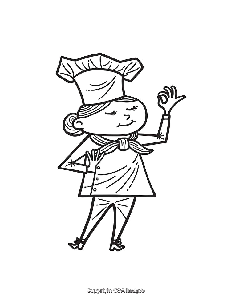 Charming Chef Character in Black and White Line Art Illustration