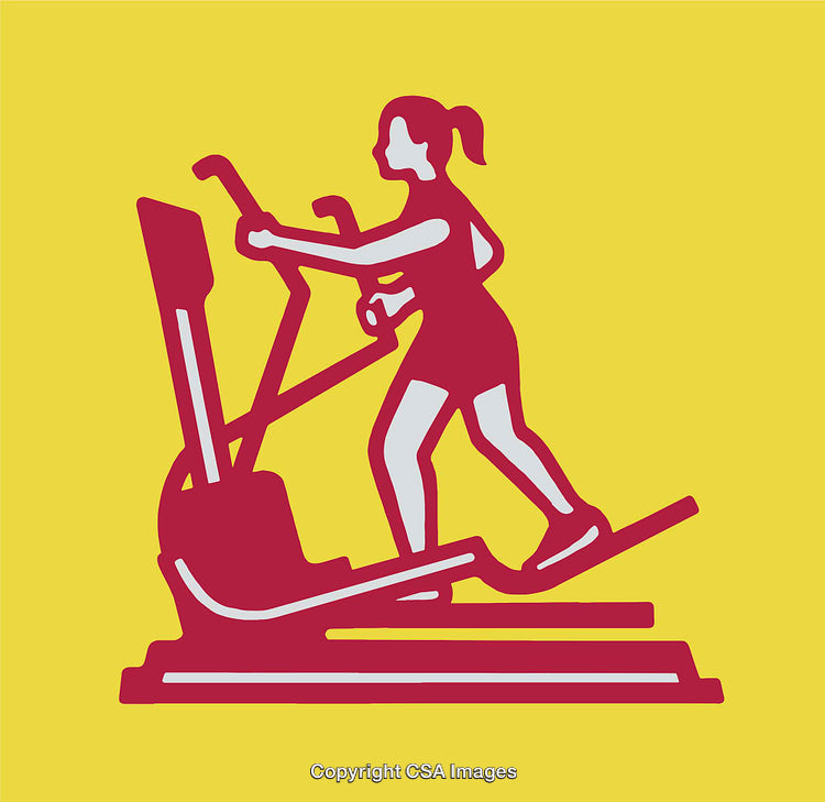 Fitness Illustration of Woman Exercising on Elliptical Trainer in Red on Yellow