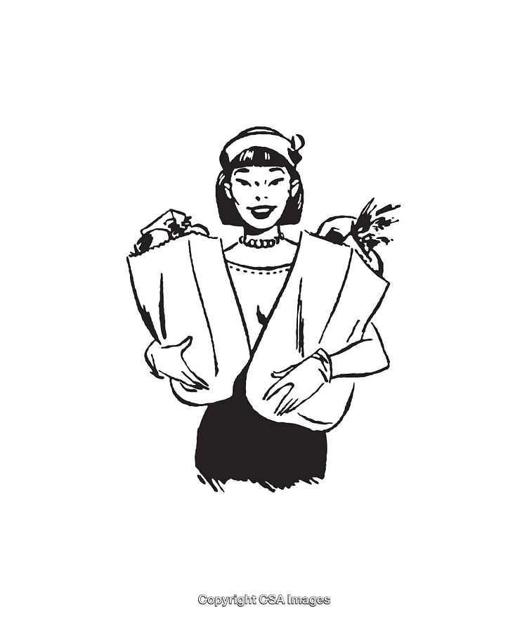 Retro Line Art Illustration Depicting a Woman Holding Groceries with a Smile