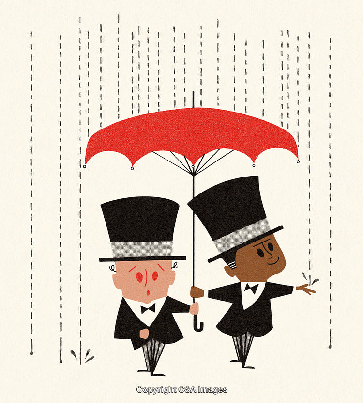 Charming Illustration of Friends Sharing Red Umbrella in the Rain