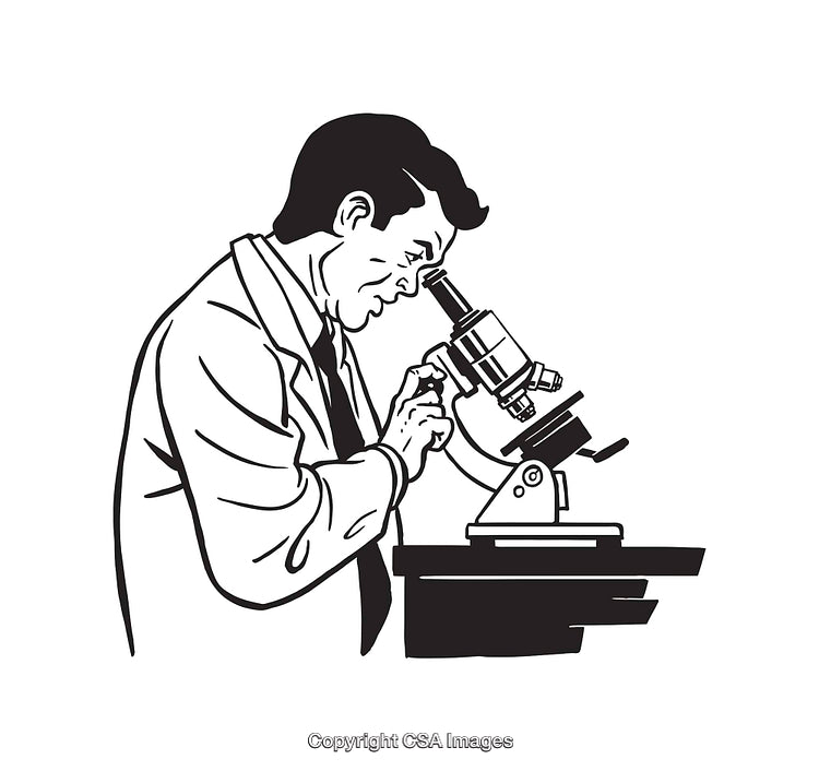 Scientist Examining Samples Using a Microscope in Black and White Line Art