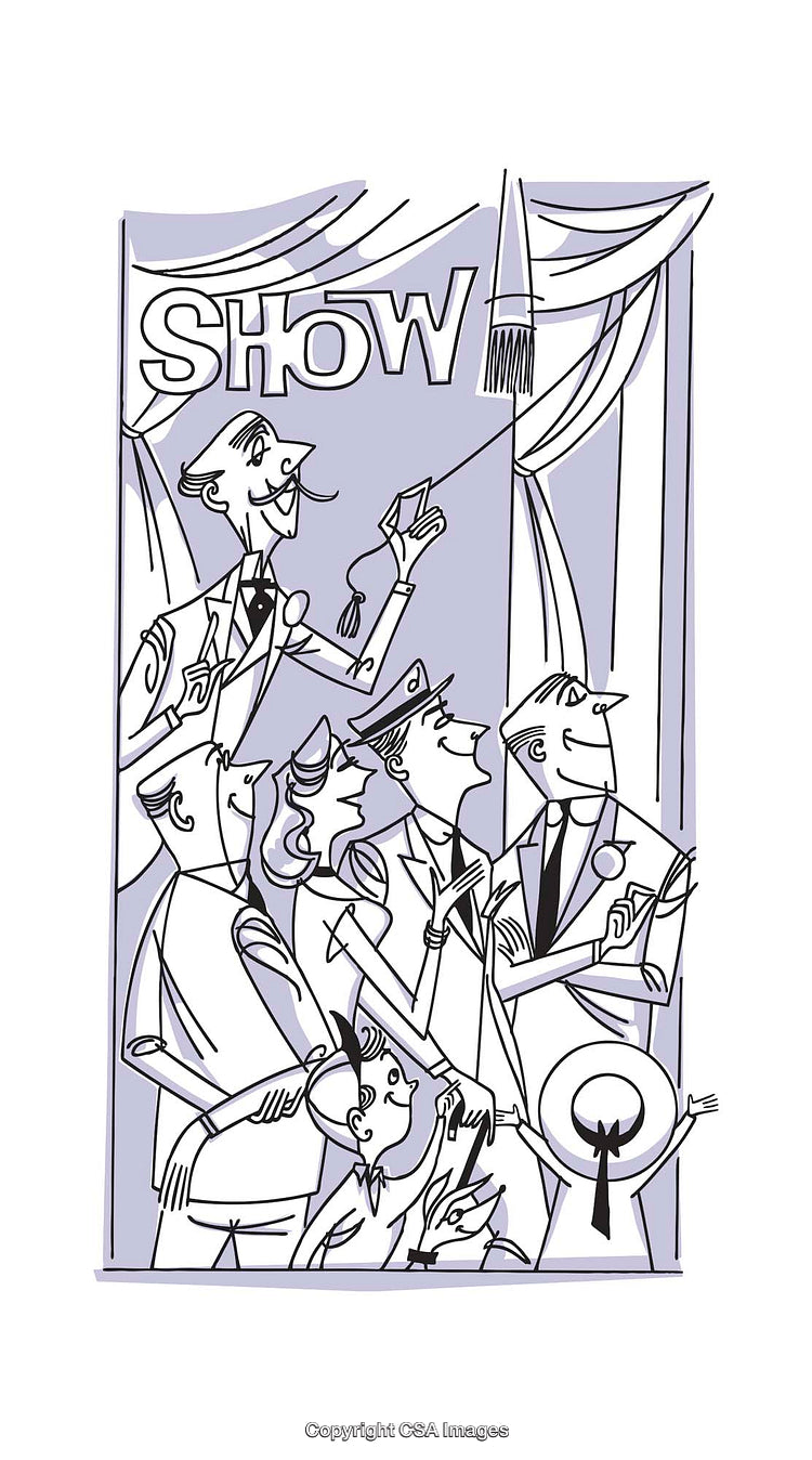 Retro-Style Illustration of Characters Enjoying a Theatrical Show Presentation