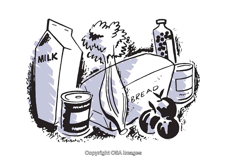 Monochromatic Illustration of Groceries Including Milk, Bread, and Produce