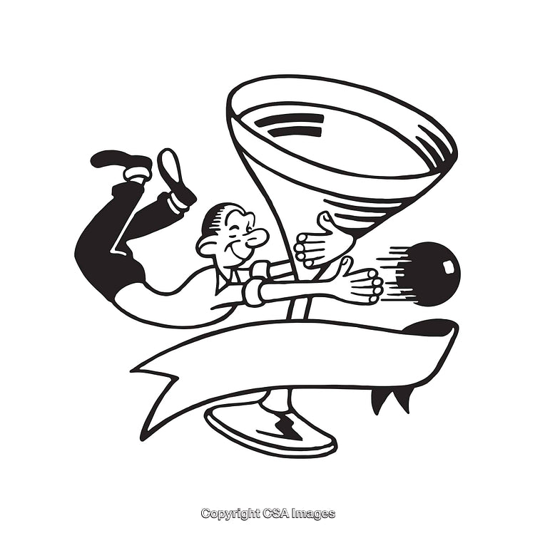 Vintage Line Art Illustration of a Man Hugging a Martini Glass