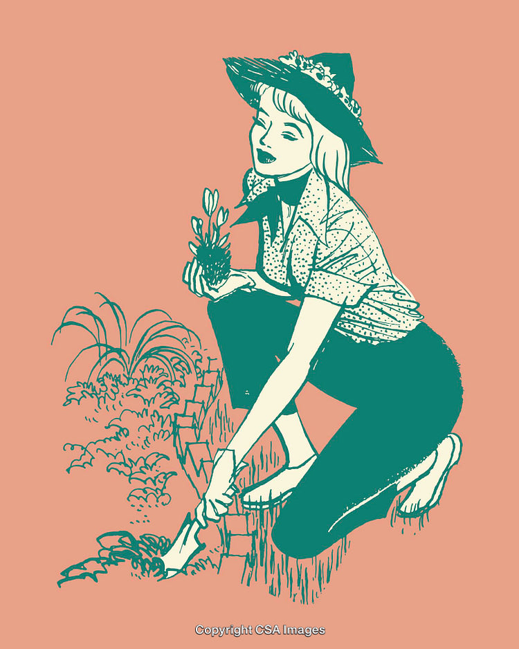 Vintage Illustration of Woman Gardening with Plants and Flowers