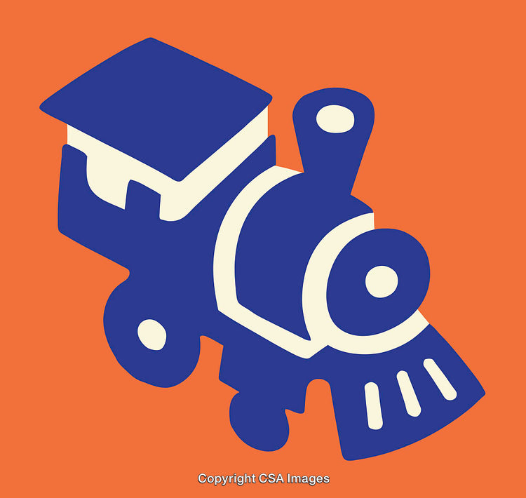 Blue Cartoon Train Illustration on Vibrant Orange Background