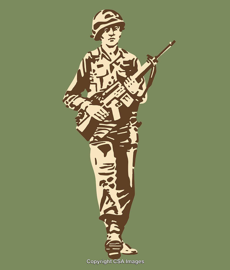 Vintage Line Art Illustration of a Soldier Holding a Firearm