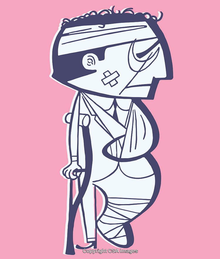 Colorful Illustration of an Injured Individual with Bandages and Crutches