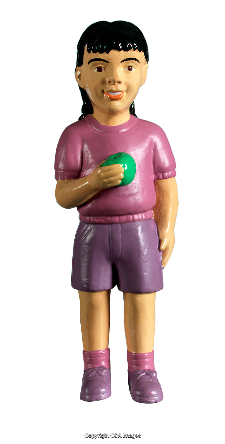 Plastic Figurine of a Girl Holding a Green Apple in Pink Outfit
