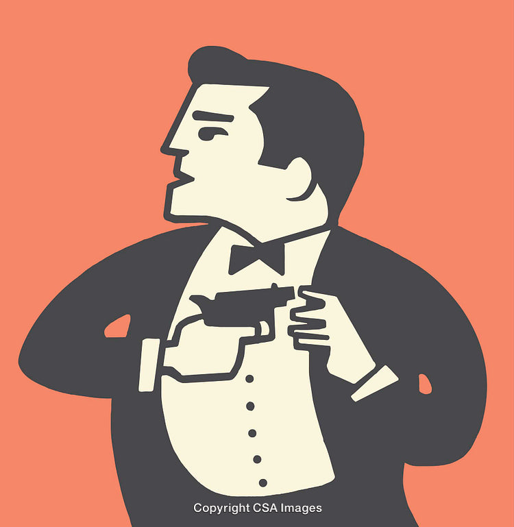 Stylized Line Art of Secret Agent in Tuxedo Holding a Gun