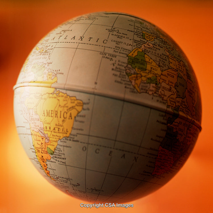 Colorful Old Style Globe Featuring South America and Africa on Orange Background