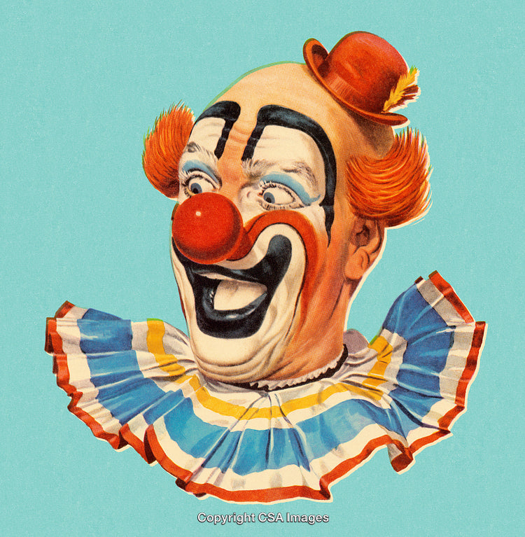 Colorful Clown With Red Nose in Joyful Expression Against Blue Background