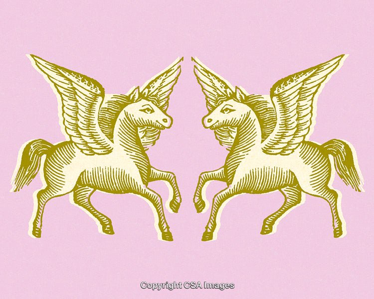 Golden Pegasus Pair Illustration on a Pink Background with Mirror Symmetry