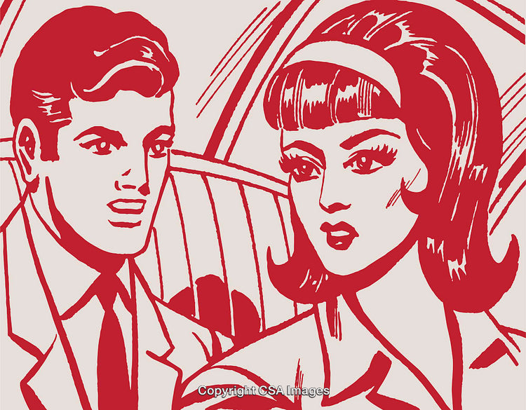 Vintage Red Comic Artwork of Two Individuals in Retro Style