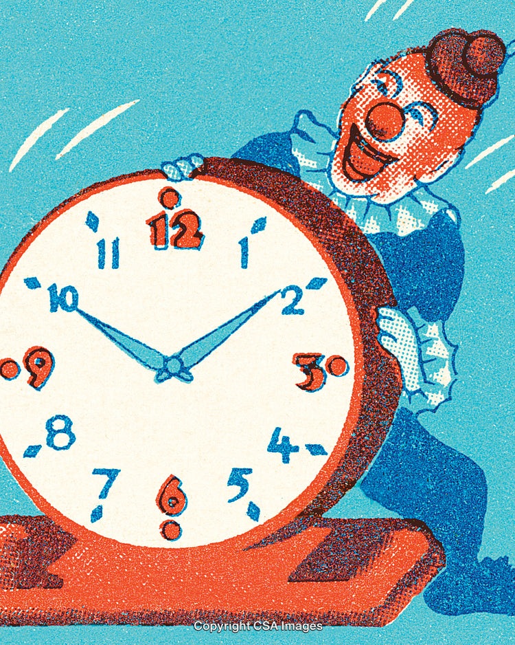 Illustrated Clown Holding Retro Clock in Vibrant Vintage Colors