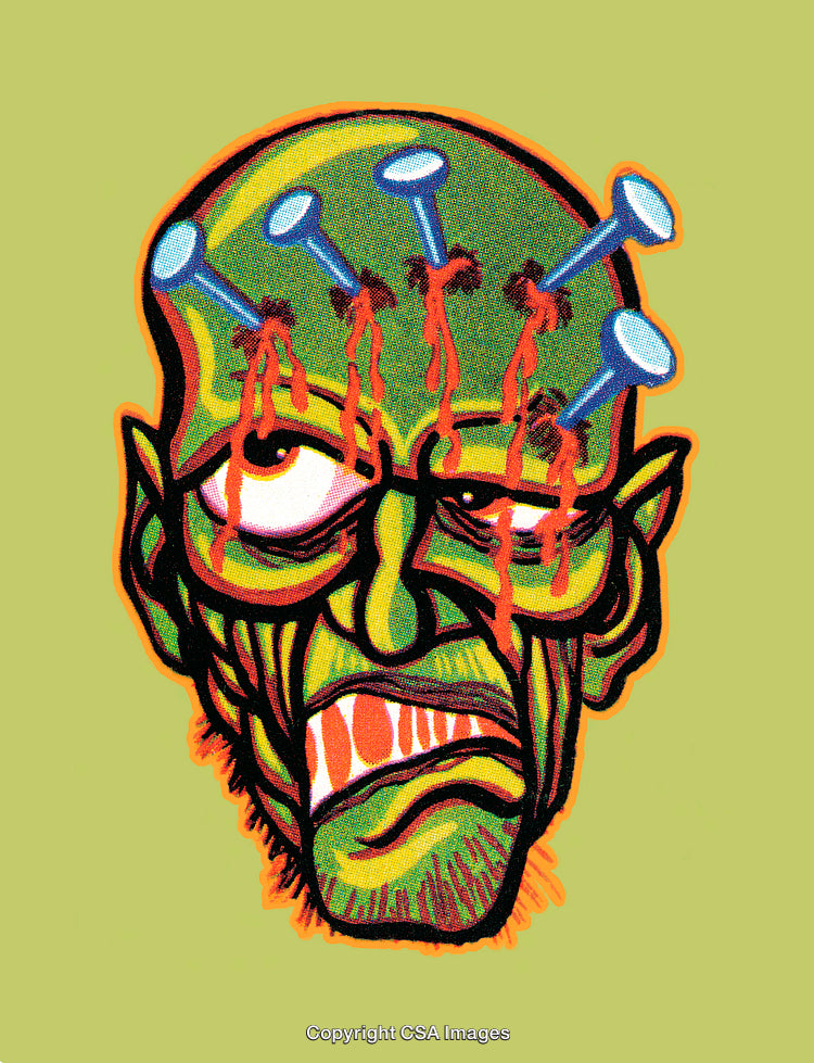 Green Cartoon Character with Screws in Head on Bright Background