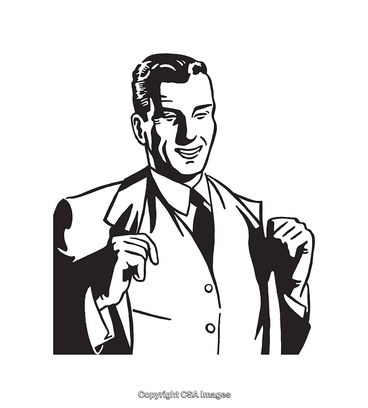 Retro Black and White Line Art Illustration of a Smiling Confident Man