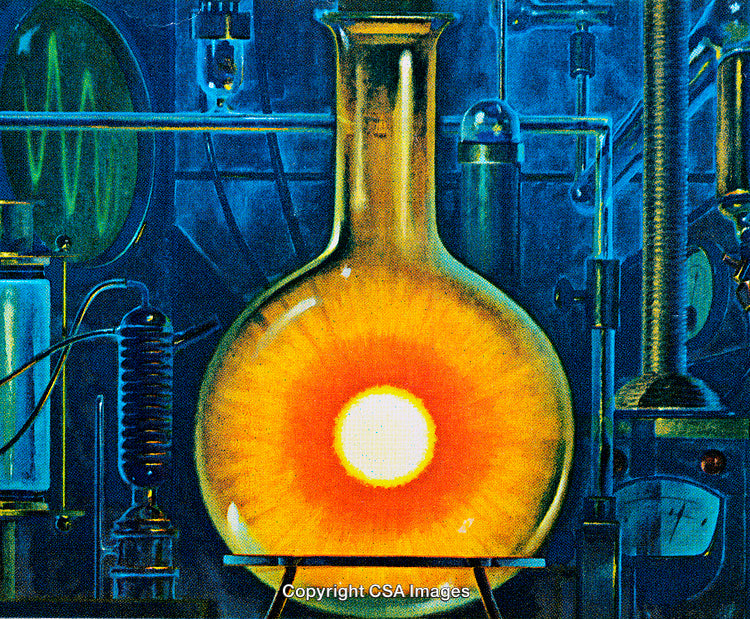 Science Laboratory with a Glowing Flask and Experimental Equipment