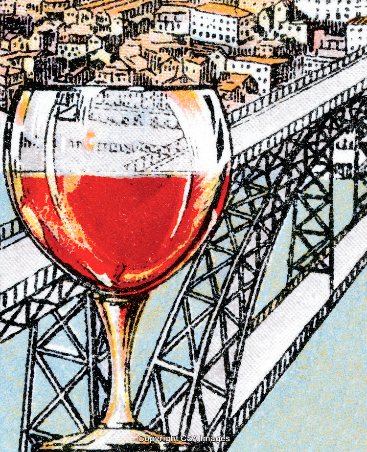Illustration of a Wine Glass Overlooking a Scenic City Bridge View