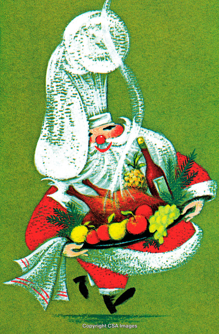 Cheerful Santa Illustration Holding Festive Holiday Feast and Drinks