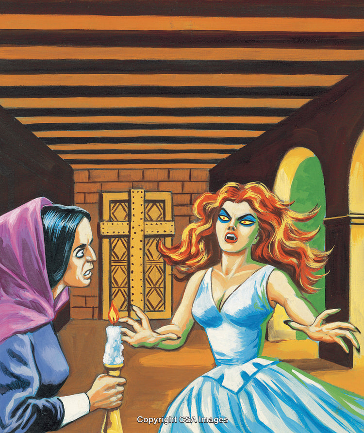 Dramatic Encounter Between Two Women in a Gothic Setting