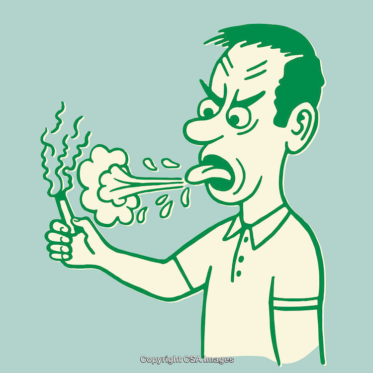 Cartoon Illustration of Man Reacting to Hot Temperature on Flaming Food