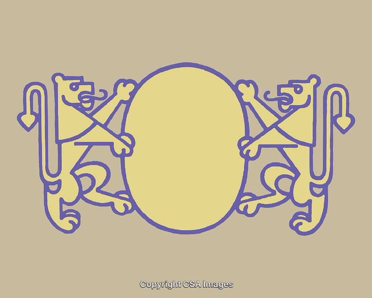 Artistic Illustration of Lions Holding a Decorative Oval Emblem