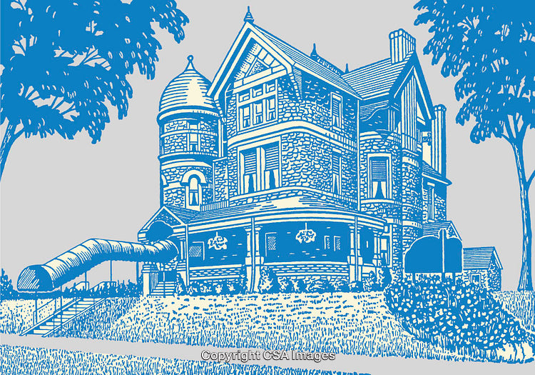 Intricate Line Art Illustration of a Victorian-Style House with Unique Details