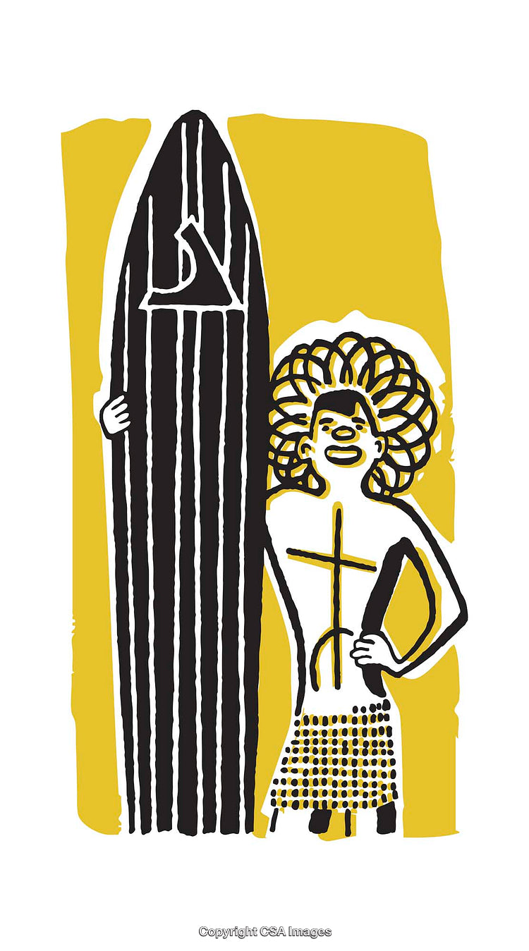 Illustrated Surfer with Tribal Surfboard on Yellow Background