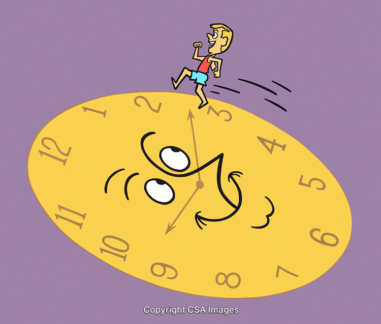 Playful Cartoon Clock with Person Running on Its Face