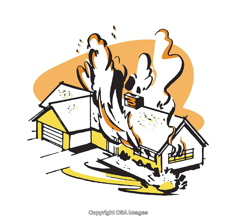 Color Illustration of a House on Fire With Flames and Smoke